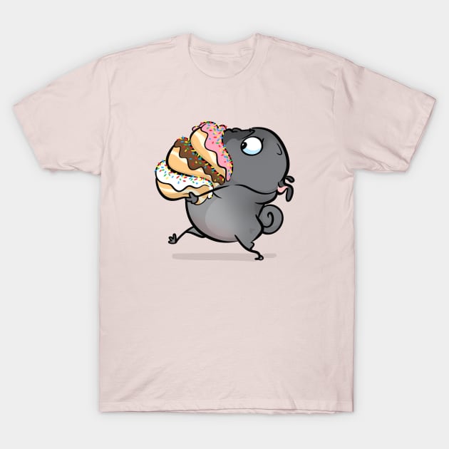 Donut Dash (black pug) T-Shirt by Inkpug